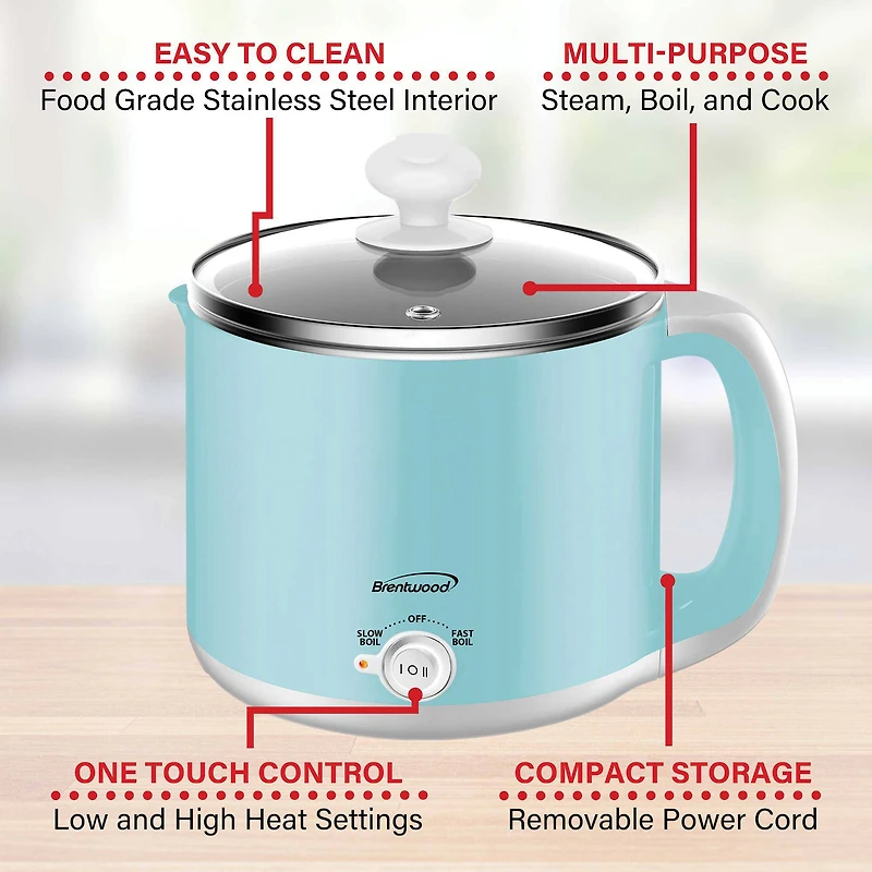 Brentwood Blue 1.6qt. 600 Watt Stainless Steel Electric Hot Pot Cooker & Food Steamer