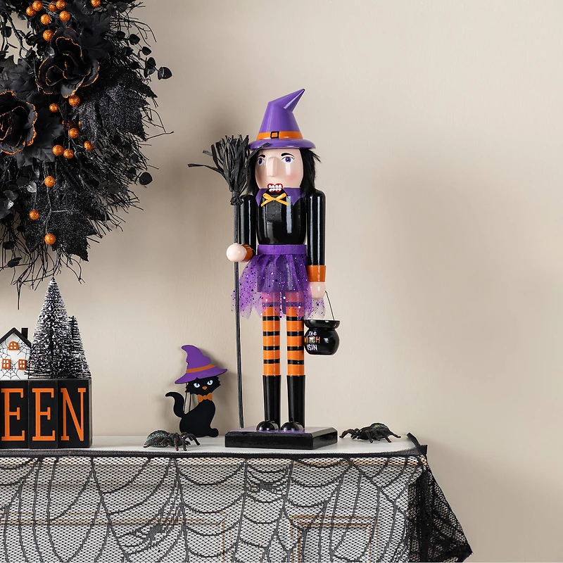 Glitzhome® 18.5"H Halloween Wooden Witch Nutcracker with Witch Cat Ornament