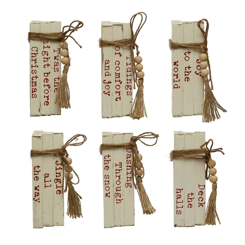 Hello Honey® 8.5" White & Red 6-Piece Wood Block Faux Books with Holiday Saying, Wood Beads & Jute Tie