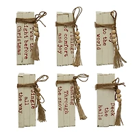 Hello Honey® 8.5" White & Red 6-Piece Wood Block Faux Books with Holiday Saying, Wood Beads & Jute Tie