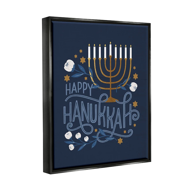Stupell Industries Happy Hanukkah Traditional Menorah Symbols Framed Floater Canvas Wall Art