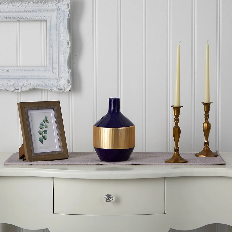 9" Lux Blue Ceramic Vase with Gold Band