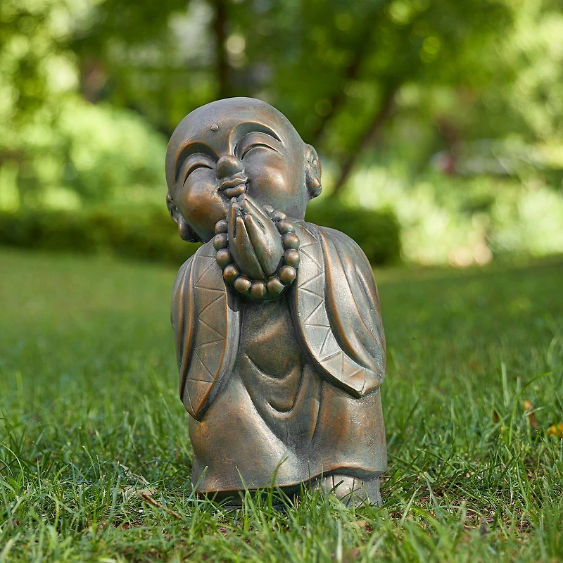 Glitzhome® 16.5" Faux Bronze Little Buddha Monk Garden Statue