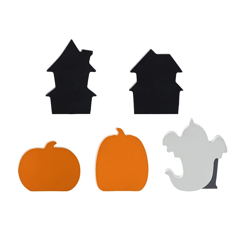 Glitzhome® Halloween Wooden Haunted House, Pumpkin & Ghost Table Block Set
