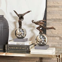 Bronze People Sculpture with Silver Ball Stand Set