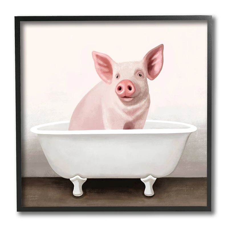 Stupell Industries Pink Farm Pig in Country Bath Tub Black Framed Wall Art