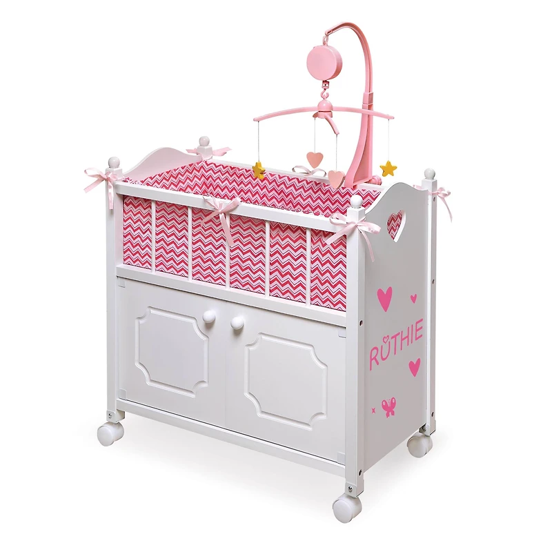 Badger Basket White Cabinet Doll Crib with Pink & White Chevron Bedding
