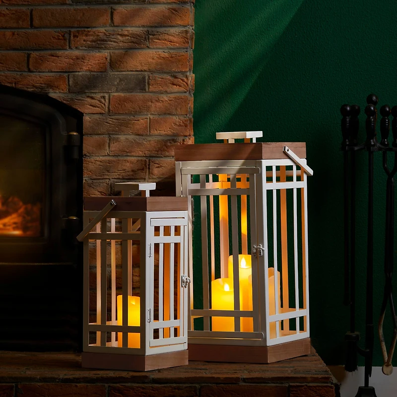 Glitzhome® White Modern Square Metal & Wood Lanterns Set