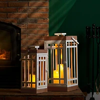 Glitzhome® White Modern Square Metal & Wood Lanterns Set
