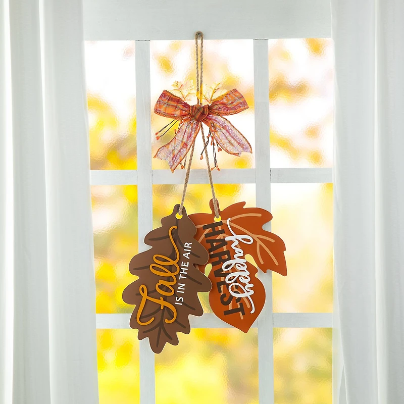 Glitzhome® 24.5" Fall Wood Maple Leaves with Bowknot Door Hanger