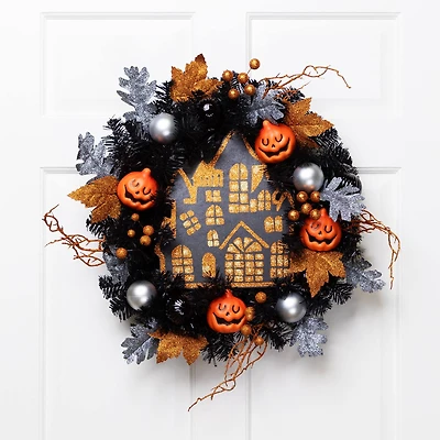 24'' Unlit Orange and Black Haunted House Halloween Wreath