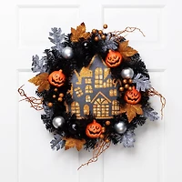 24'' Unlit Orange and Black Haunted House Halloween Wreath