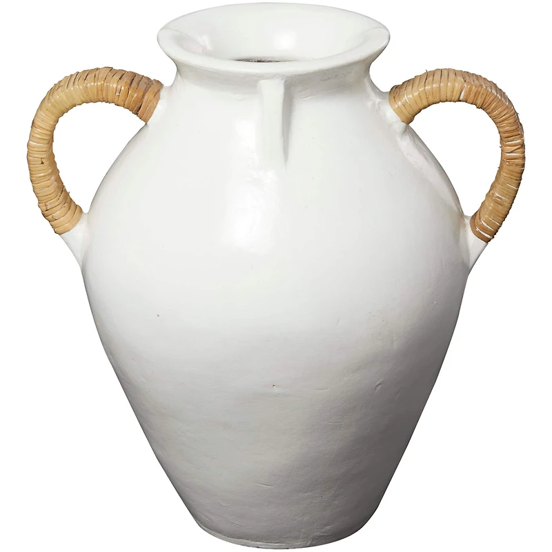 19" White Ceramic Jug Inspired Vase with Rattan Wrapped Handles