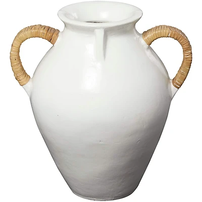 19" White Ceramic Jug Inspired Vase with Rattan Wrapped Handles