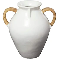 19" White Ceramic Jug Inspired Vase with Rattan Wrapped Handles