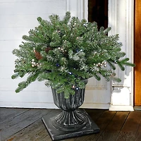 24" Feel Real® Snowy Morgan Spruce Porch Bush in Silver Brushed Plastic Urn with Cones & Champagne Berries
