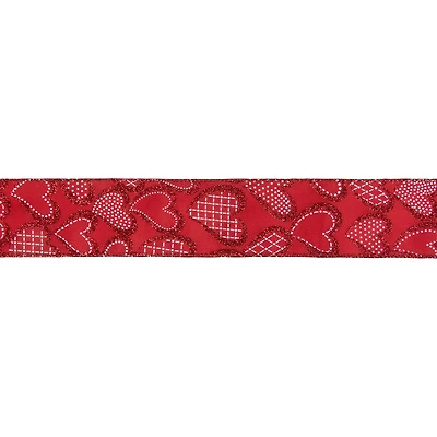 2.5" x 10yd. Glittered Hearts Valentine's Day Wired Craft Ribbon