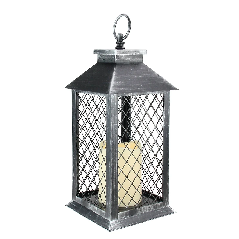 11" Silver Brushed Black Mesh Lantern with Flameless LED Candle