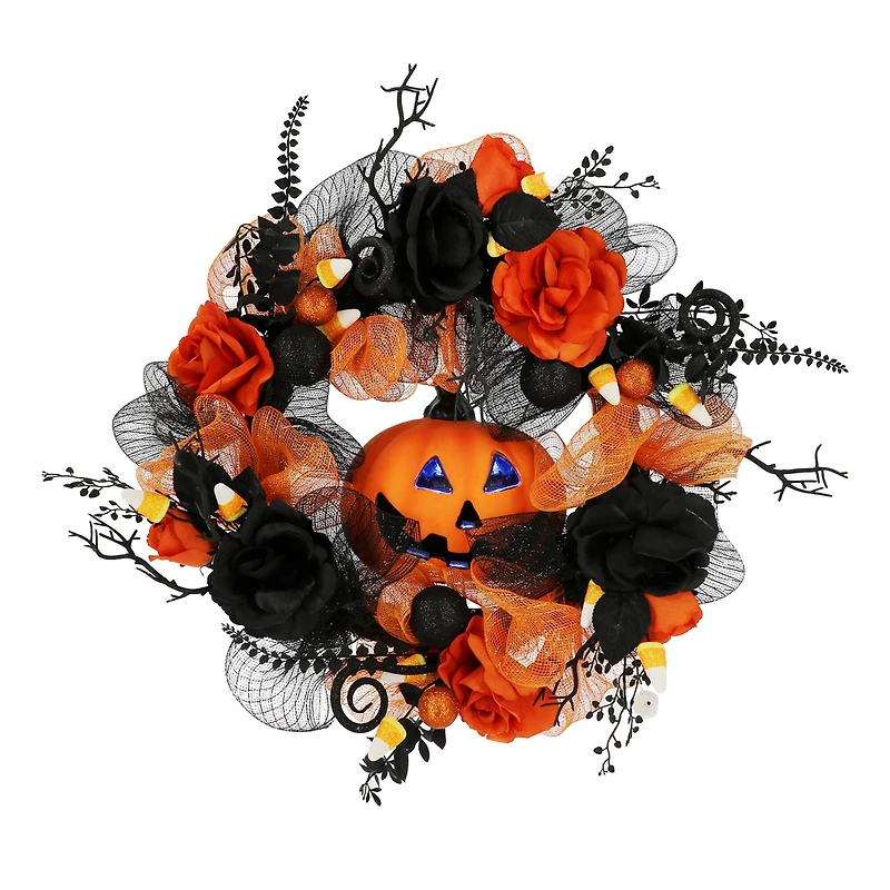 24" Orange & Black Jack-o'-Lantern & Roses Wreath by Ashland®
