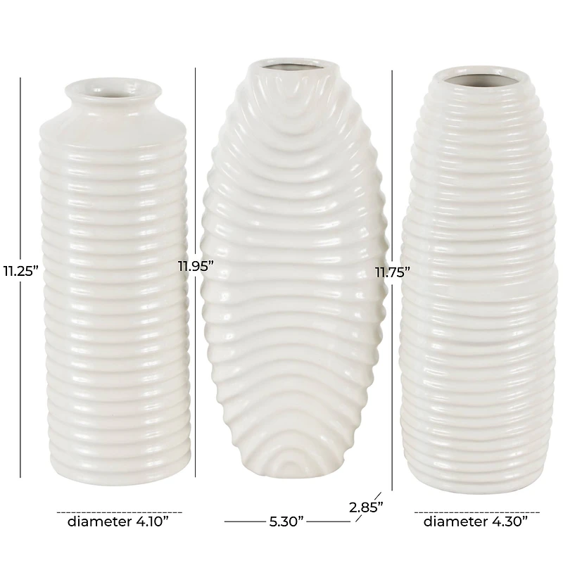 White Ceramic Dimensional Ribbed Vase with Varying Shapes Set