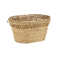 30" Brown Seagrass Handmade Woven Oval Storage Basket with Zig Zag Patterned Rim