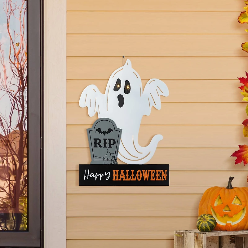 Glitzhome® 32.25"H Lighted Halloween Metal Ghost Tombstone Yard Stake with Timer