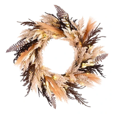 26" Coral Orange & Brown Pampas Pre-Lit LED Wreath