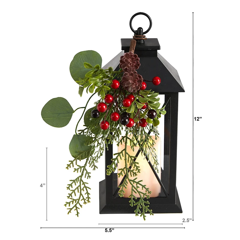 12" Berries & Greenery Metal Lantern Artificial Table Christmas Arrangement with LED Candle