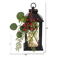 12" Berries & Greenery Metal Lantern Artificial Table Christmas Arrangement with LED Candle