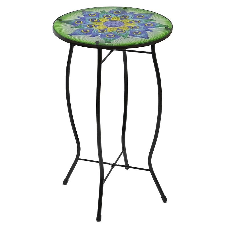 19" Green & Blue Peacock Flower Tail Glass Patio Side Table