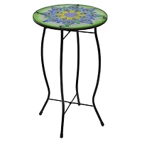 19" Green & Blue Peacock Flower Tail Glass Patio Side Table