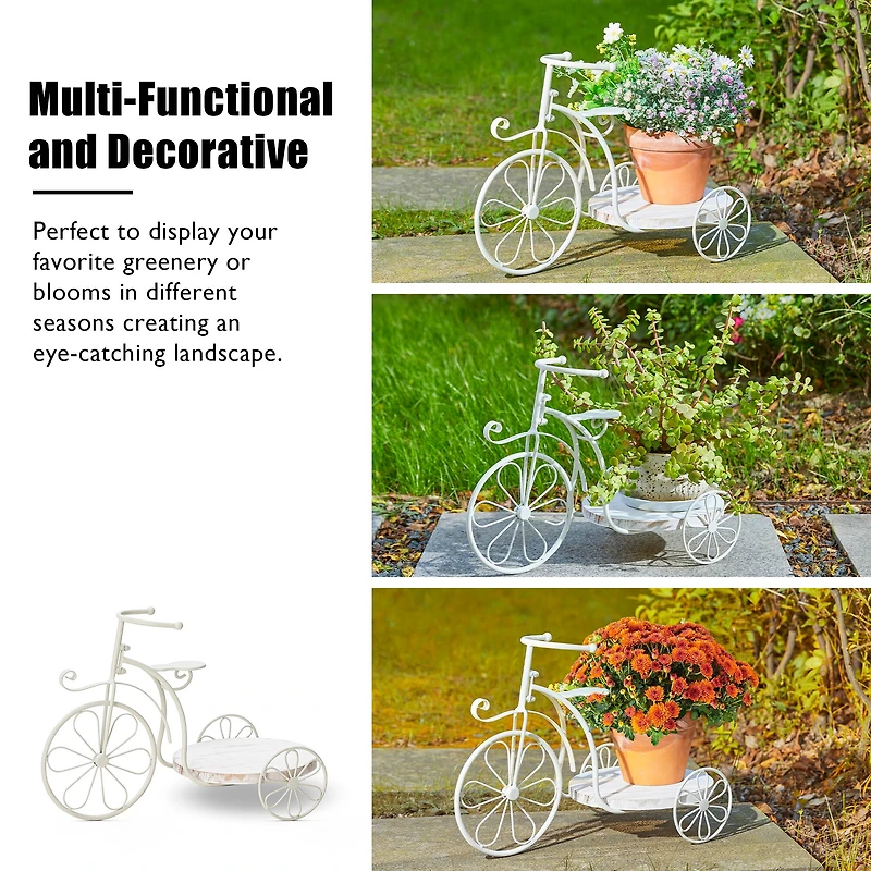Glitzhome® 18" White Metal Tricycle Planter Stand with Solid Wood Tray