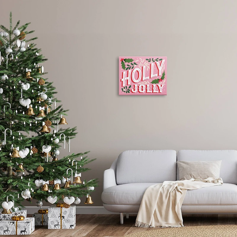 Stupell Industries Bold Pink Holly Jolly Phrase Canvas Wall Art