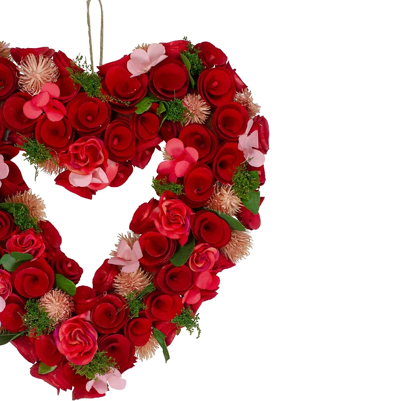 Red Wooden Rose Floral Heart Shaped Artificial Valentine's Day Wreath 10"