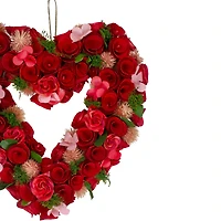 Red Wooden Rose Floral Heart Shaped Artificial Valentine's Day Wreath 10"