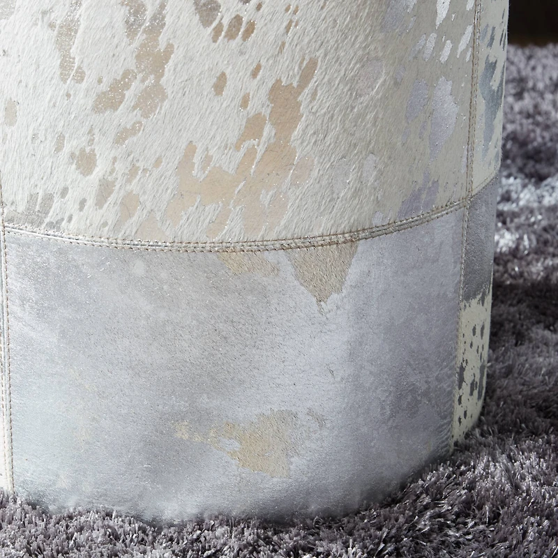 17" Silver & White Leather & Wood Glam Ottoman