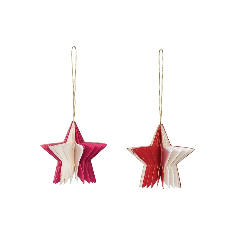 Hello Honey® 2 Pack 3.5" Red & Cream Paper Folding Honeycomb Star Ornaments with Gold Glitter Edge