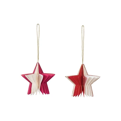 Hello Honey® 2 Pack 3.5" Red & Cream Paper Folding Honeycomb Star Ornaments with Gold Glitter Edge