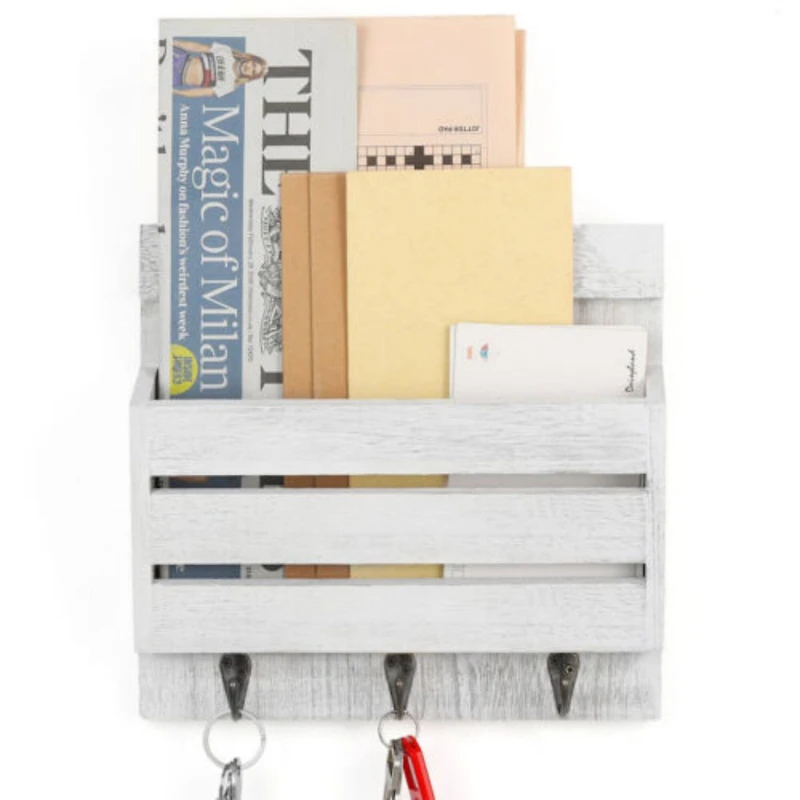 NEX™ 10" Rustic White Gray Wood Wall-Mounted Mail & Key Holder Organizer with 3 Key Hooks