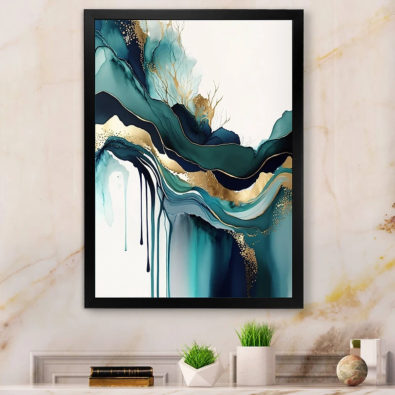 Designart 'Teal And Gold Abstract Expression IV' Modern Framed Canvas Wall Art