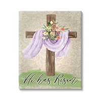 Stupell Industries He Has Risen Spring Floral Cross Brown Damask Pattern Canvas Wall Art