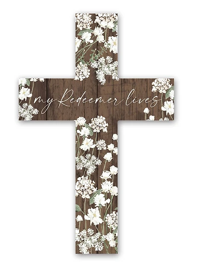 16" Redeemer Lives White Floral Cross