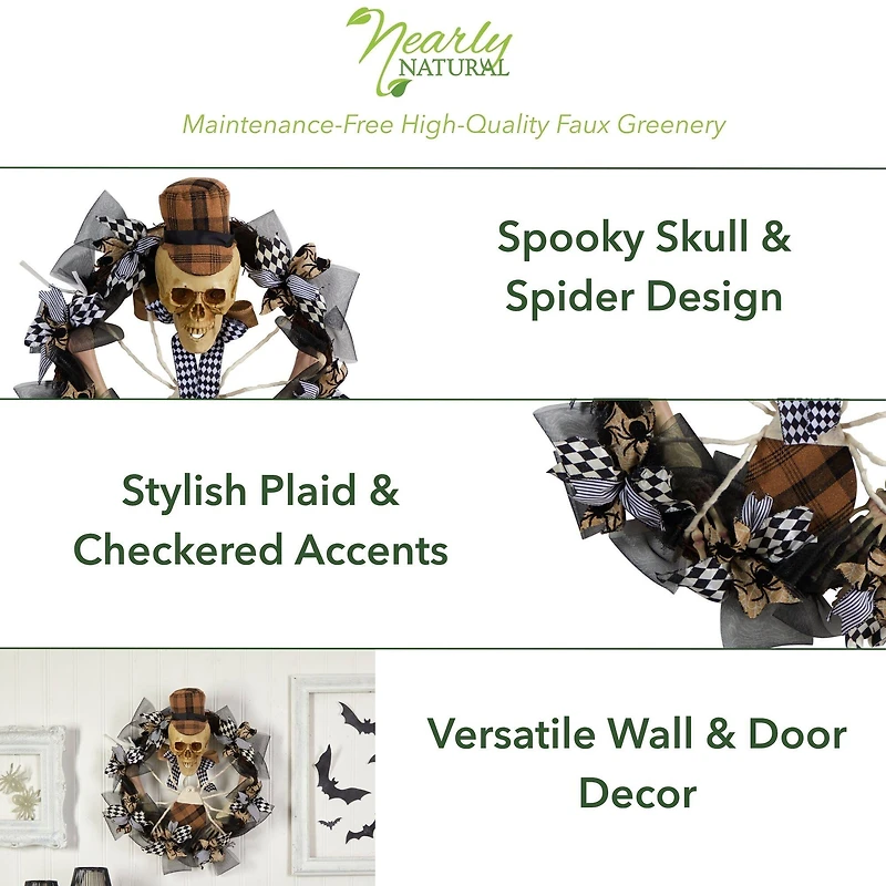 24" Halloween Skull in Plaid Mesh Wreath