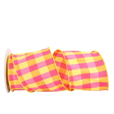 JAM Paper 4" x 10yd. Yellow & Fuchsia Check Dupioni Wired Ribbon