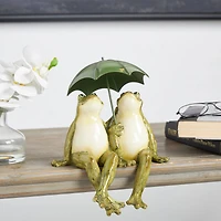 11" Bronze Frogs Sitting with Umbrella Sculpture
