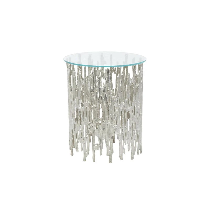 21" Silver Aluminum Accent Table with Glass Tabletop