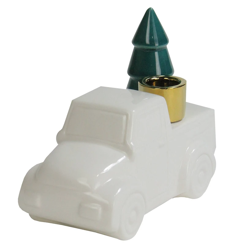 5" White Ceramic Truck with Christmas Tree Taper Candlestick Holder