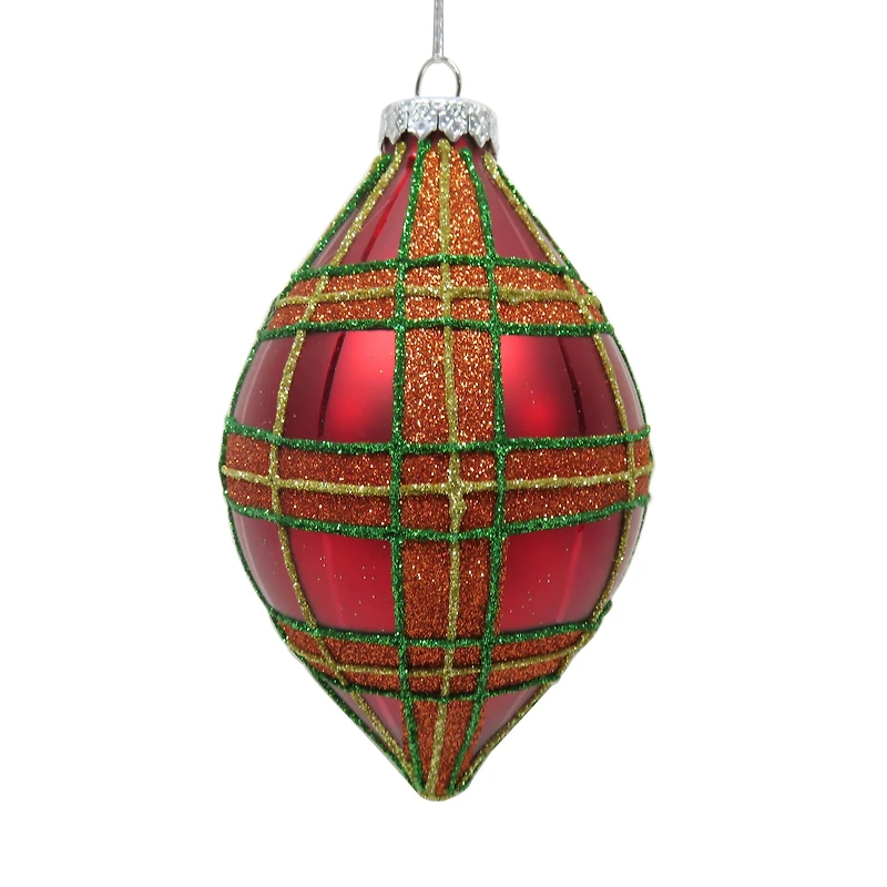 5.5" Red Glitter Plaid Glass Onion Ornament by Ashland®