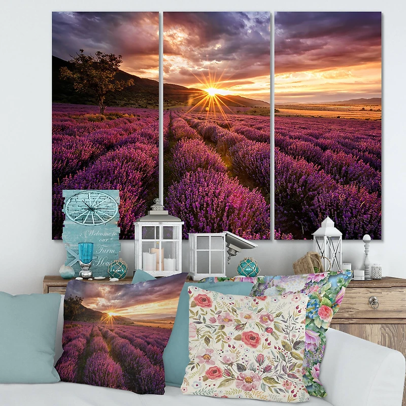 Designart - Sunrise & Dramatic Clouds Over Lavender Field IV
