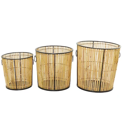 The Novogratz Light Brown Rattan Handmade Slatted Frame Storage Basket with Ring Handles Set of 3 20", 18", 15"